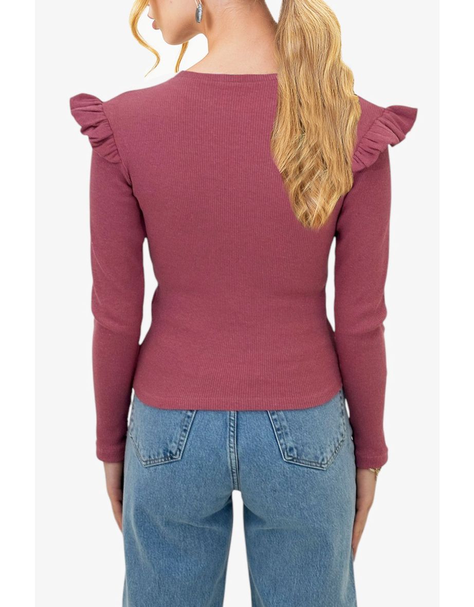 Women's Dusty Rose Half Turtleneck Sweater with Ruffled Shoulders - 3