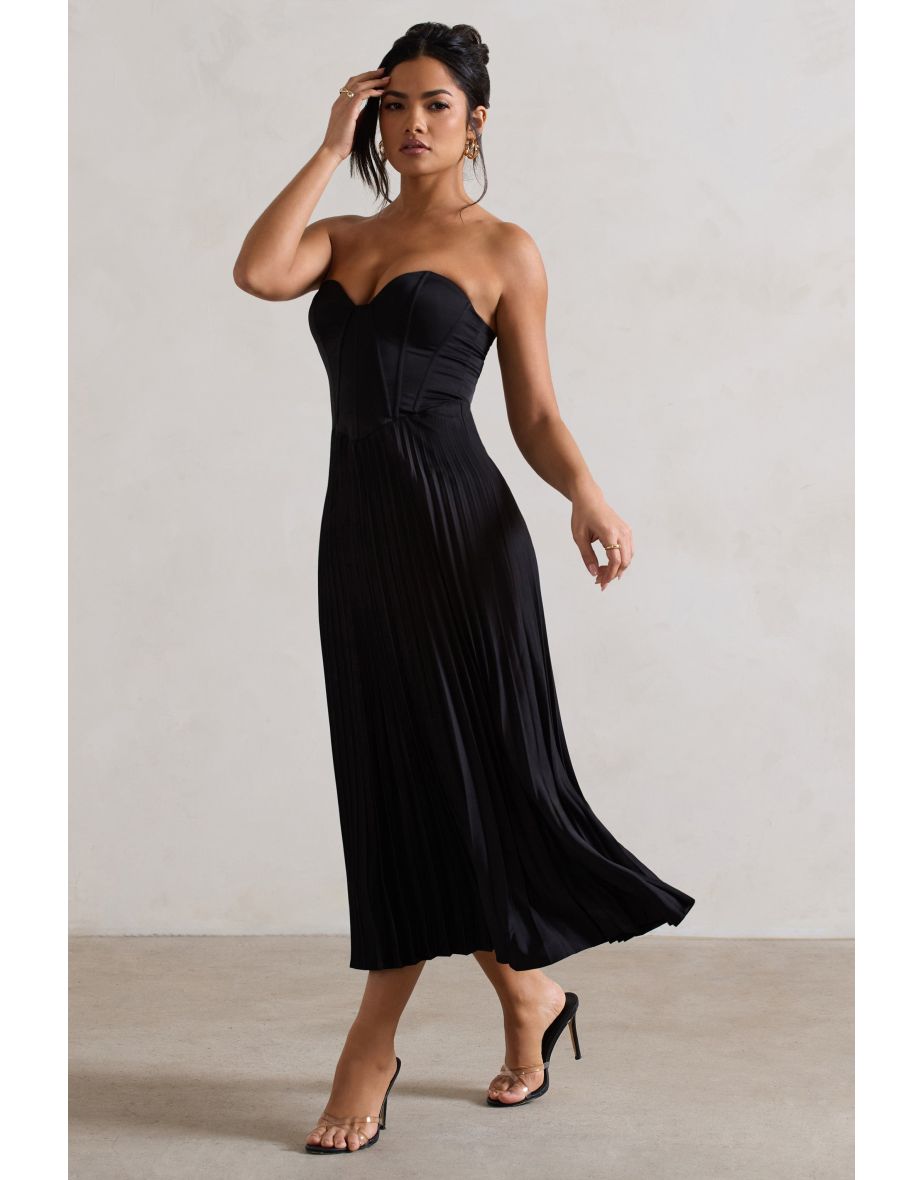 Bordeaux | Black Satin Corset Style Midi Dress - 4