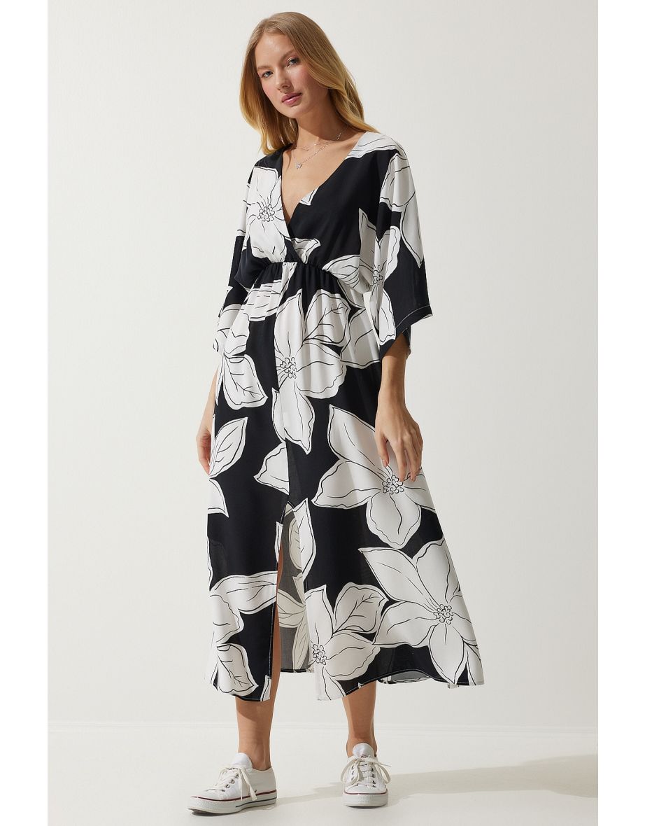 Women's Black and White Wrapover Neck Patterned Summer Viscose Dress