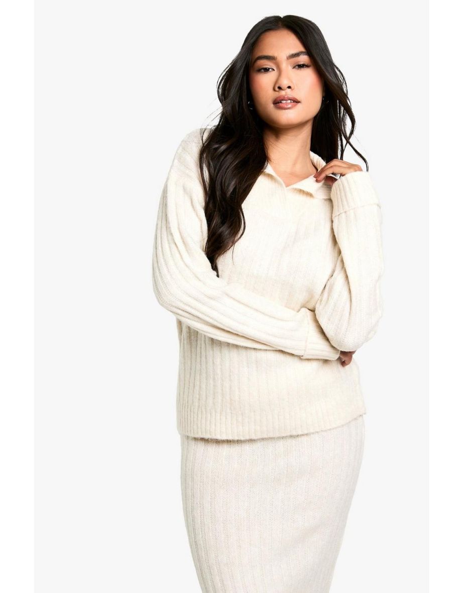 Soft Knit Thick Rib Collar Detail Jumper And Maxi Skirt Set - 3