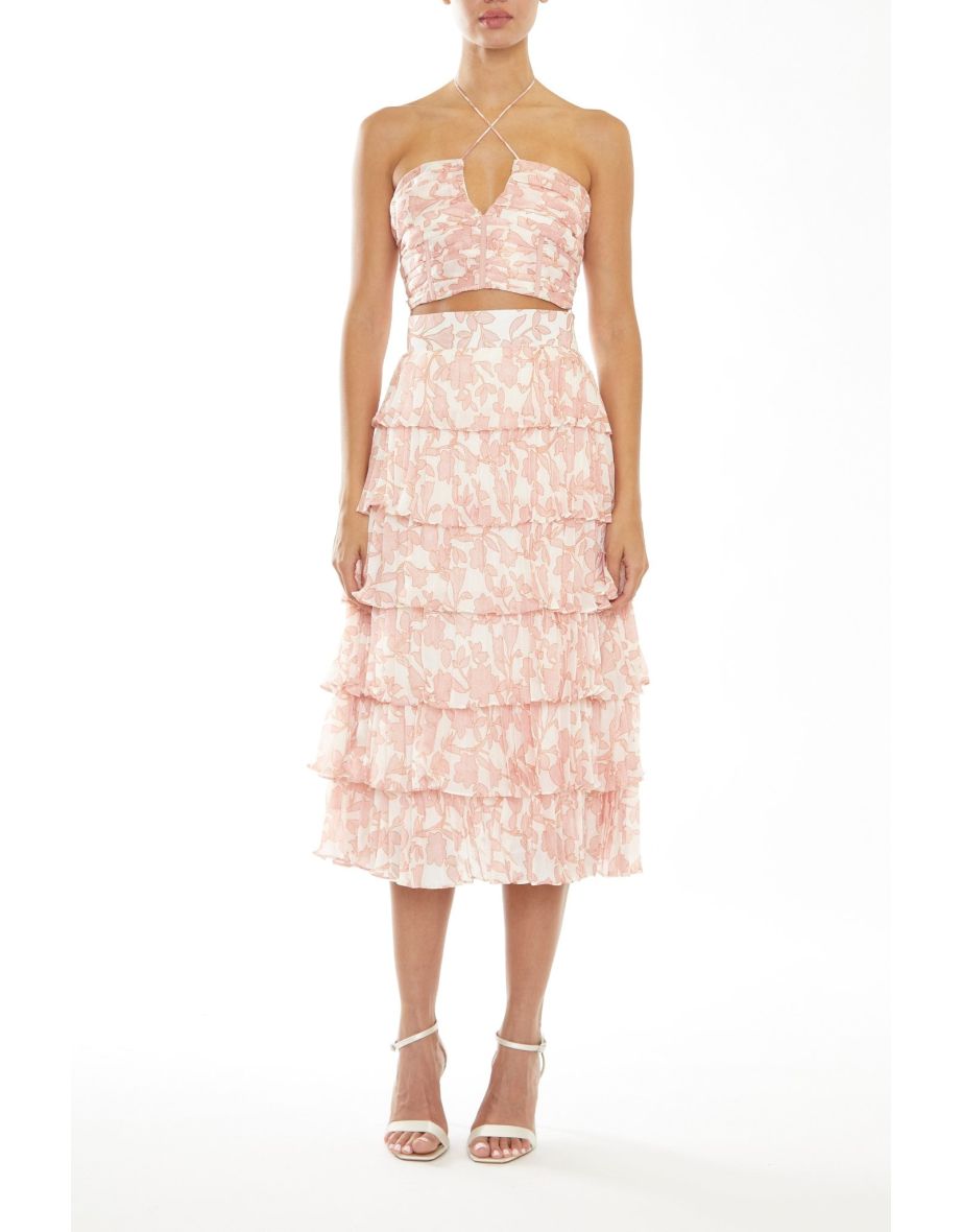 Zara Co-Ord Cream-Pink Outline Flower Ruched Halterneck Crop-Top