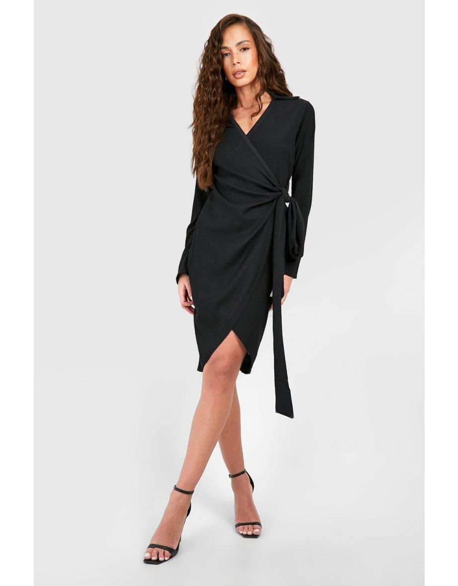 Textured Tie Waist Wrap Midi Dress - black