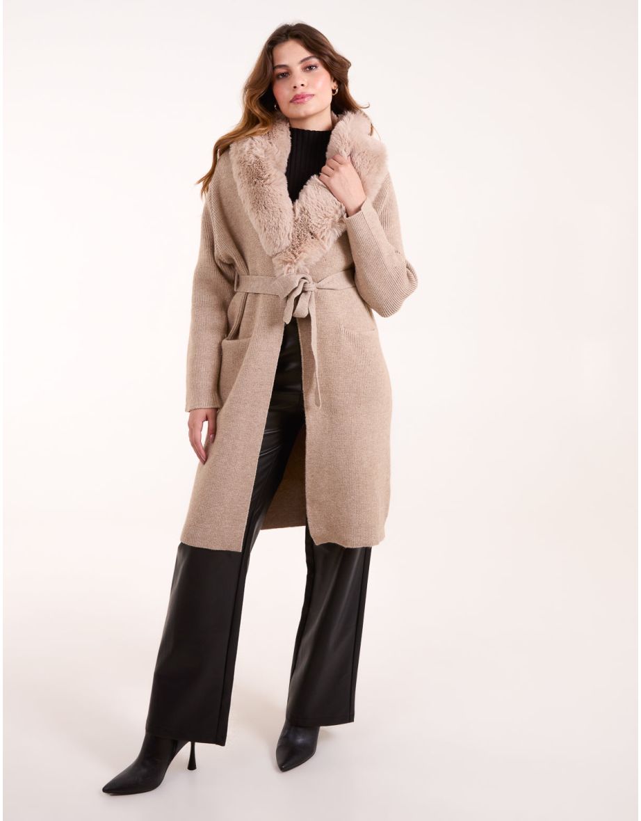 Shop Faux Fur Collar Two Pocket Cardigan Online in Oman VogaCloset