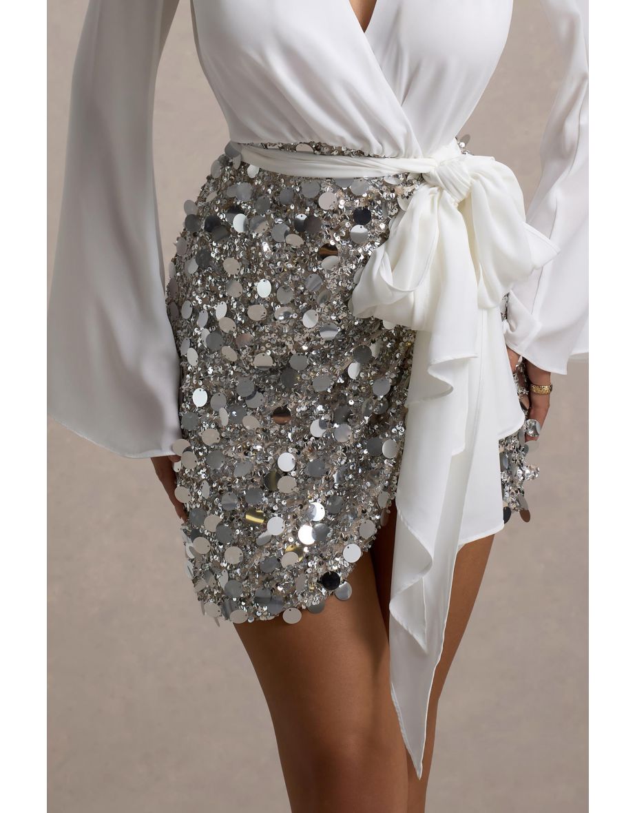 Norah | White Chiffon Plunge-Neck Wrap Mini Dress With Sequin Skirt - 5