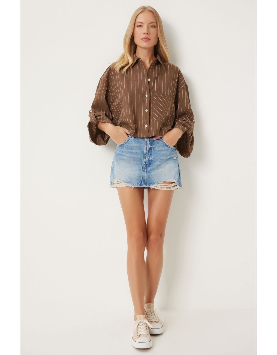 Women's Brown Thin Striped Crop Linen Shirt