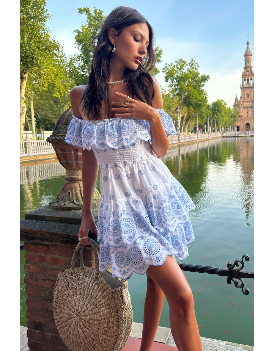 Explorer | White & Blue Broderie Ruffled Bardot Mini Dress - 6