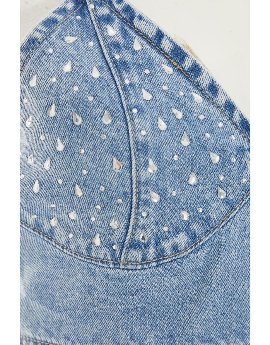 Light Blue Denim Diamante Crop Top - 5