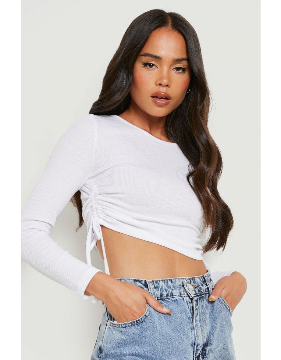 Petite Recycled Ribbed Ruched Detail Top - white