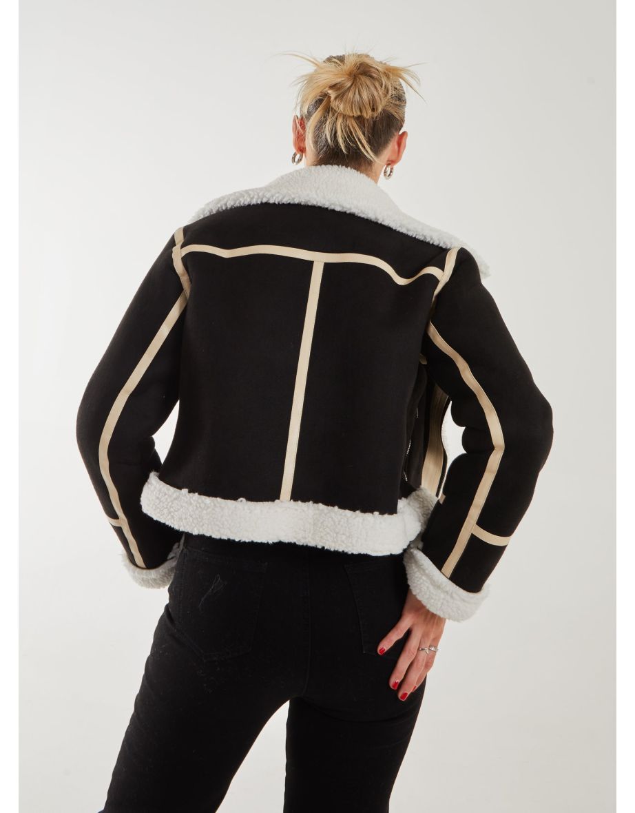 Faux Shearling Collar Zip Jacket - 3