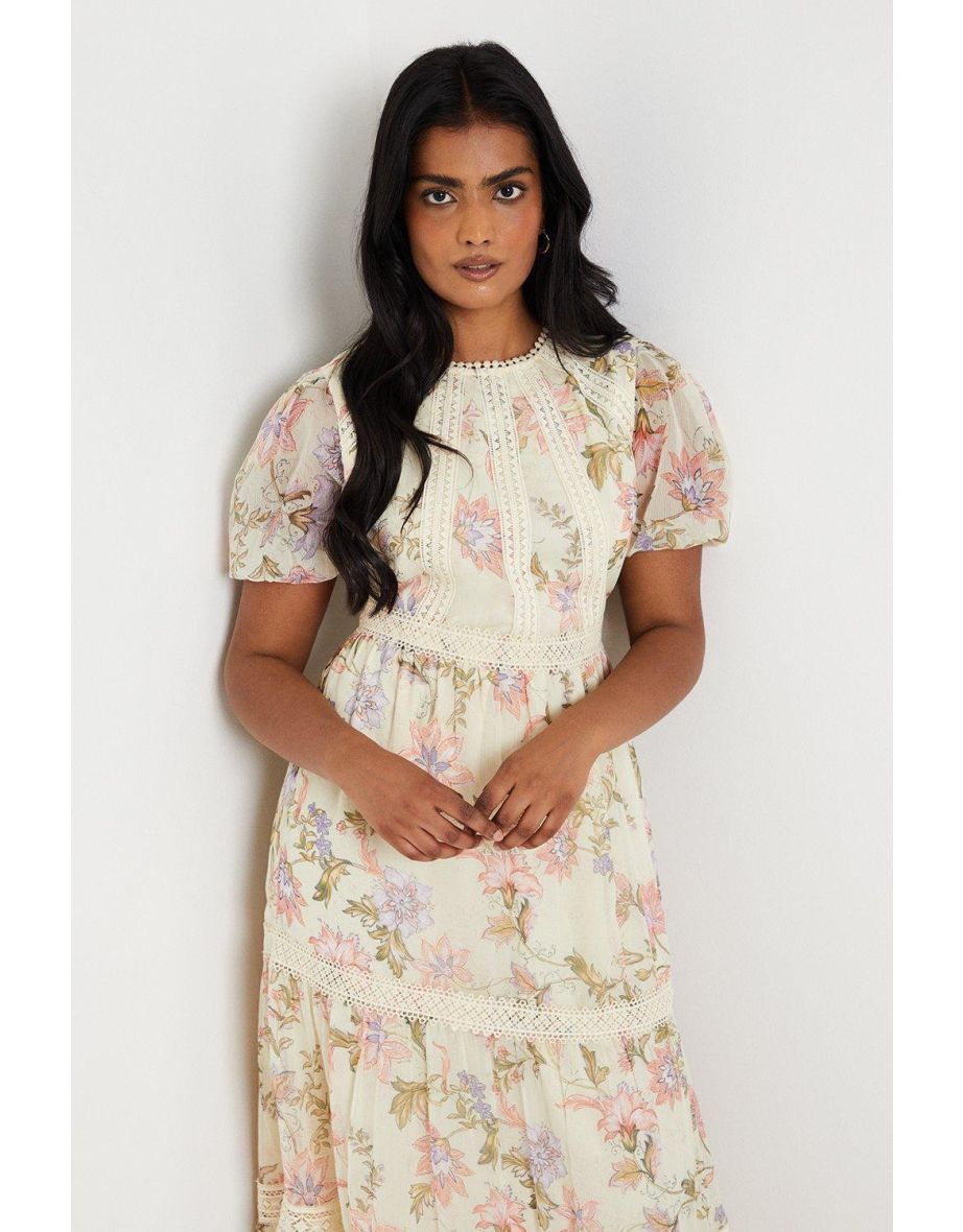 Ivory Paisley Chiffon Trim Insert Puff Sleeve Midaxi Tea Dress - 3