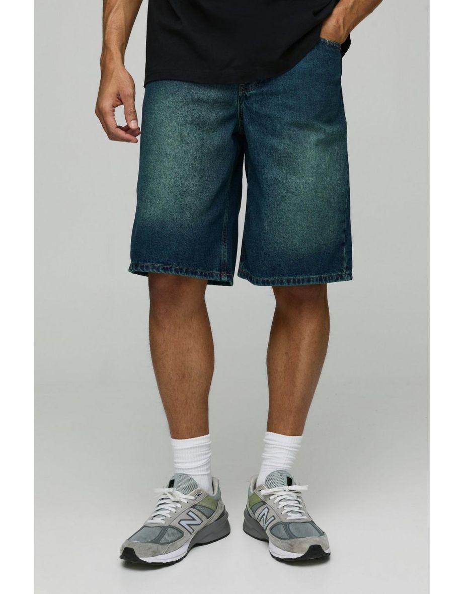 Regular Fit Green Washed Denim Jorts - green