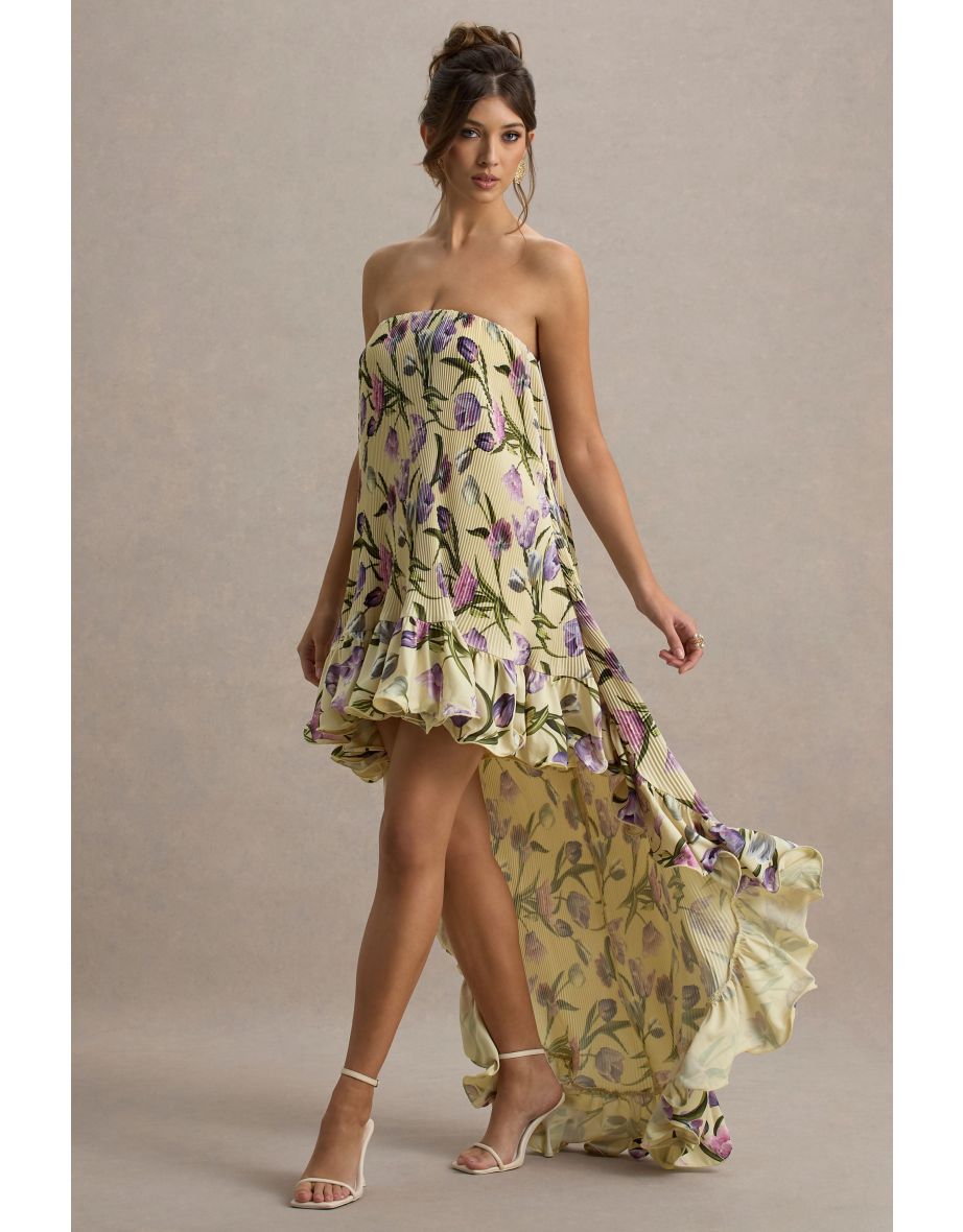 Whistler | Tulip Floral Print Chiffon Bandeau High-Low Ruffled Maxi Dress
