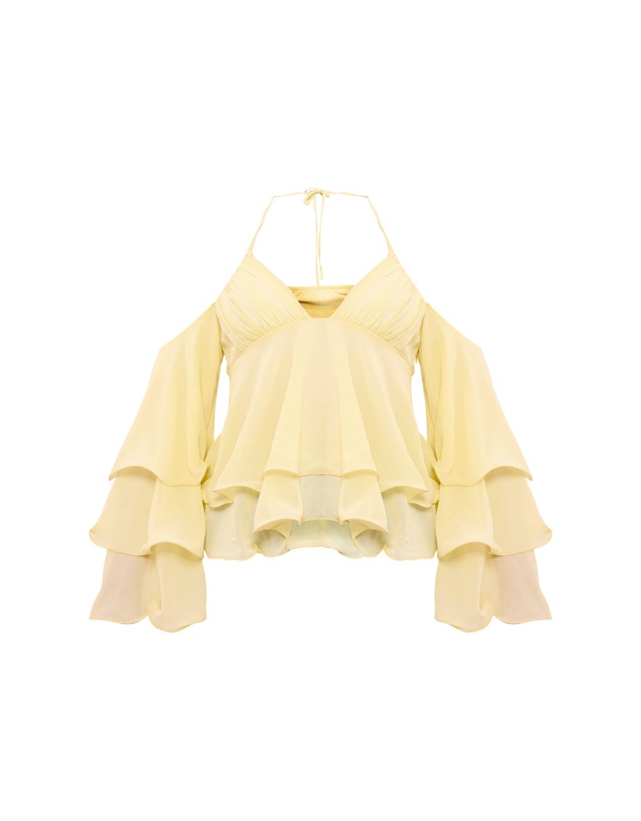 Lemon Frill Edge Bardot Sleeve Halterneck Top - 4