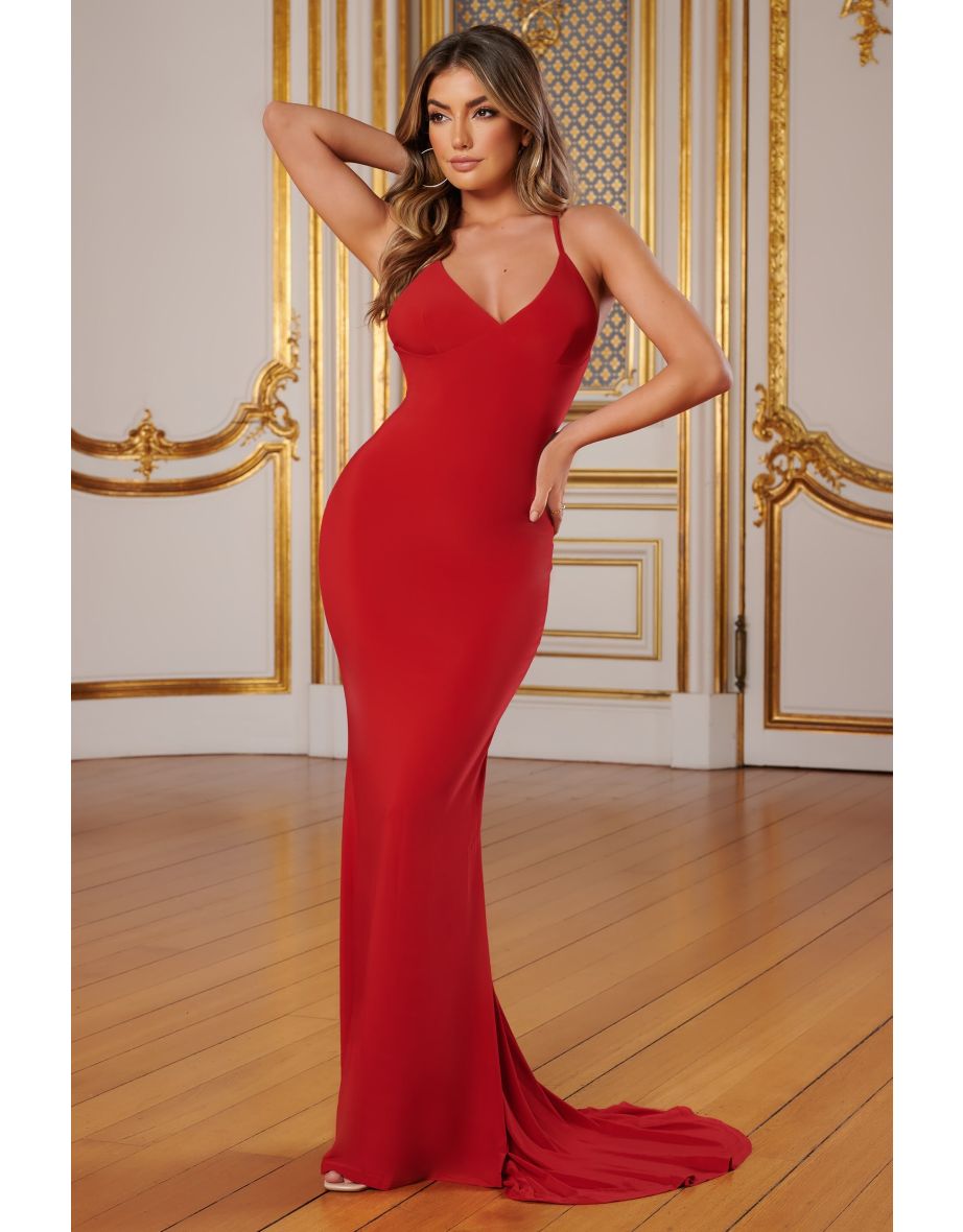 Red Cross Back Fishtail Maxi Dress