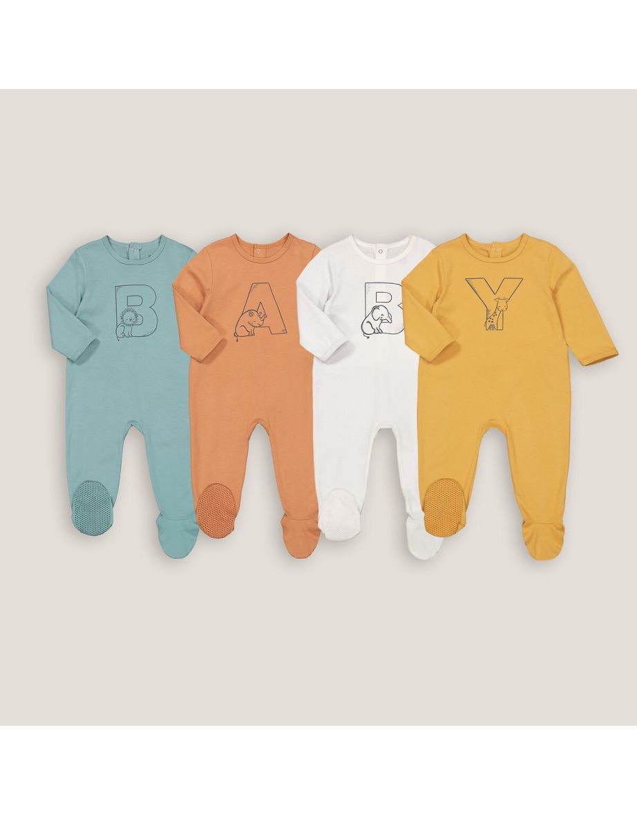 Pack of 4 Sleepsuits with Feet and Letter Print in Cotton