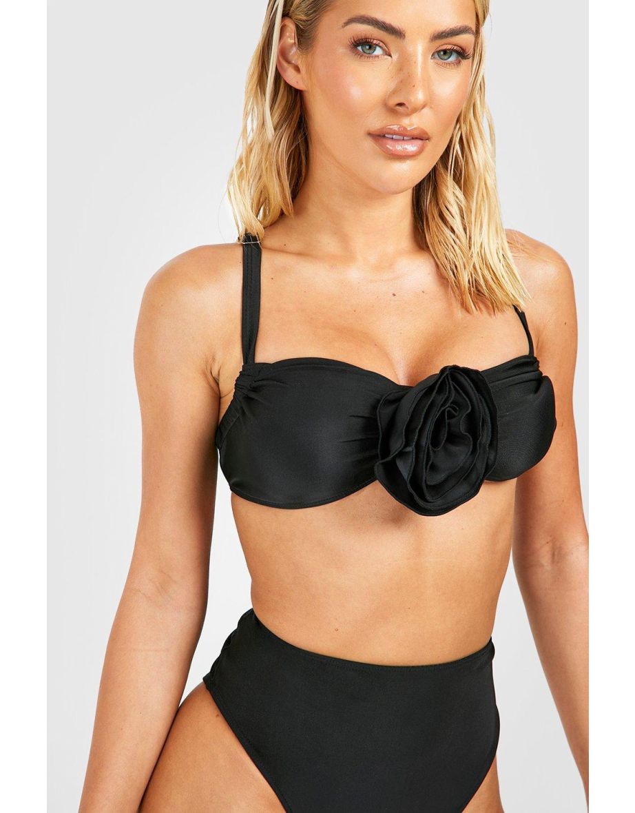 Rose Corsage Strappy Padded Bikini Set - black - 3