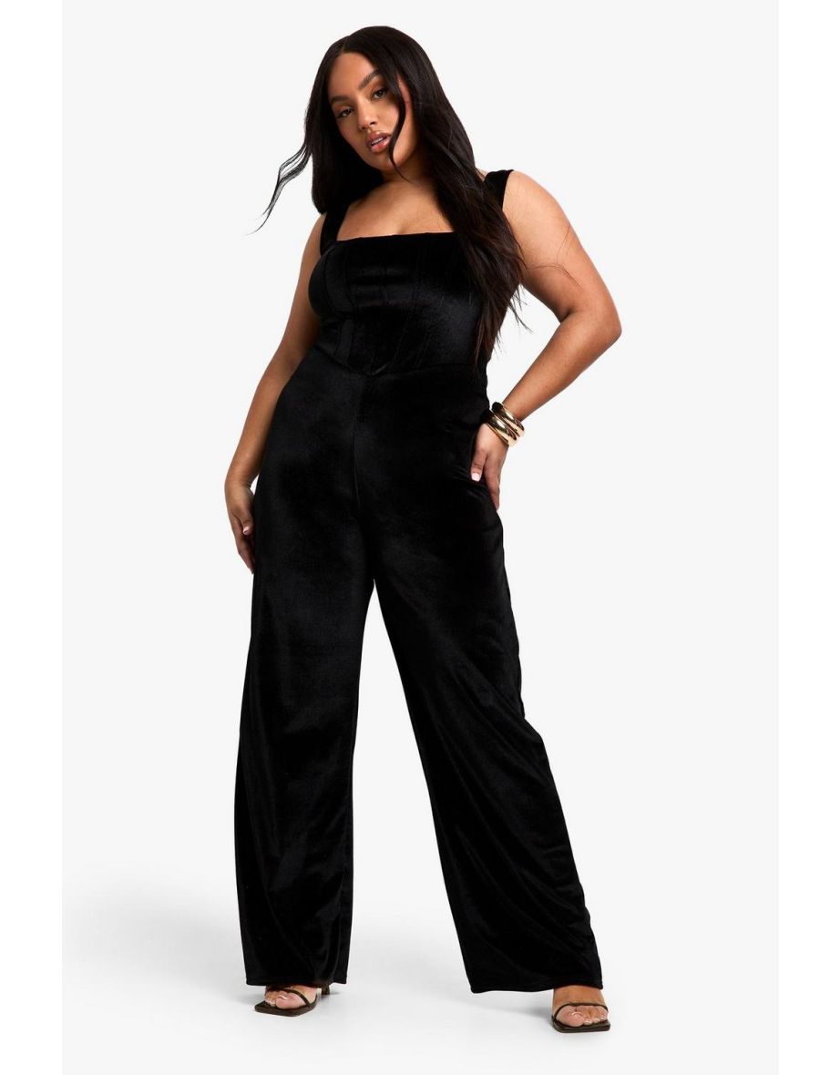 Plus Velvet Corset Detail Wide Leg Jumpsuit