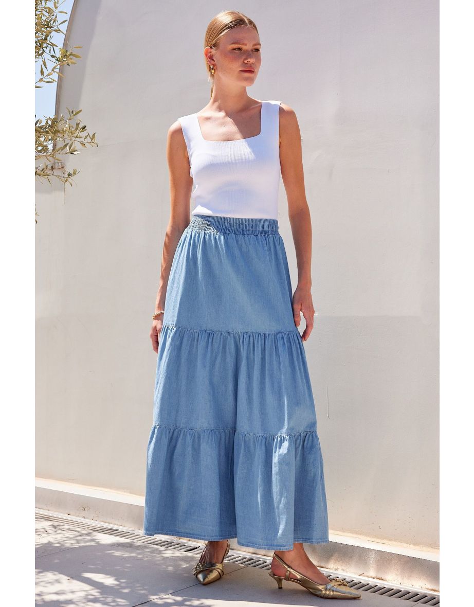 Flounce Long Denim Skirt