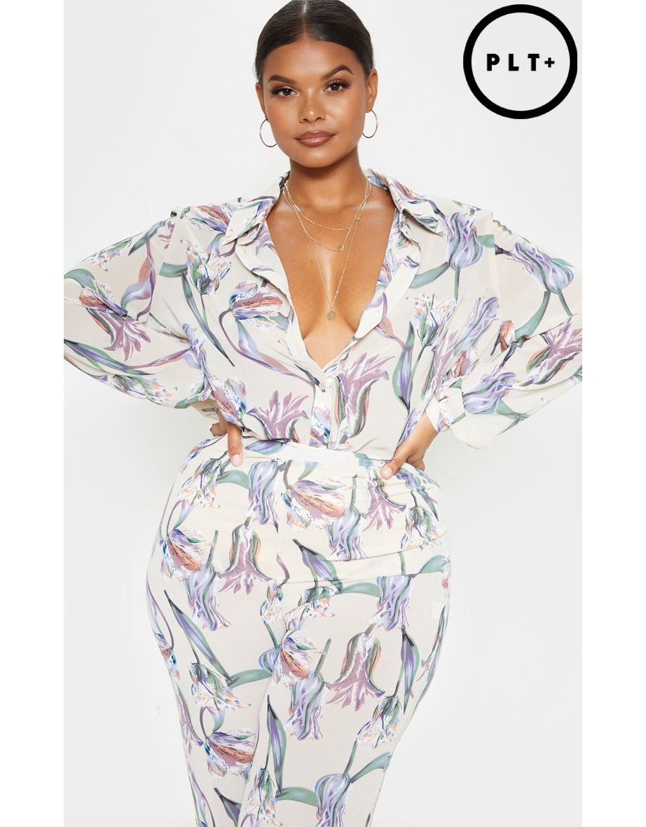 Plus Dusty Pink Satin Floral Oversized Shirt