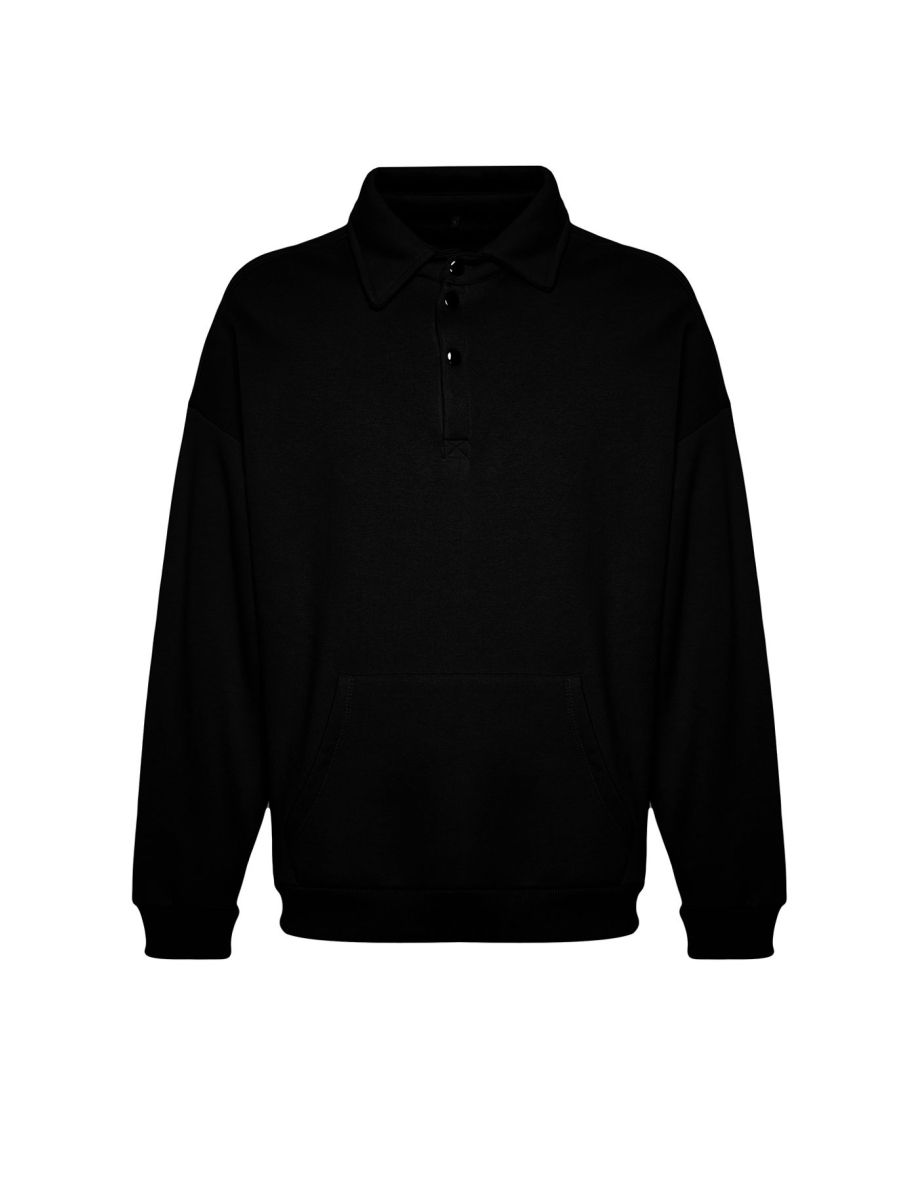 Basic Black Men's Oversize/Wide Cut Shirt with Collar Pocket and Fleece Inside Thick Sweatshirt - 7