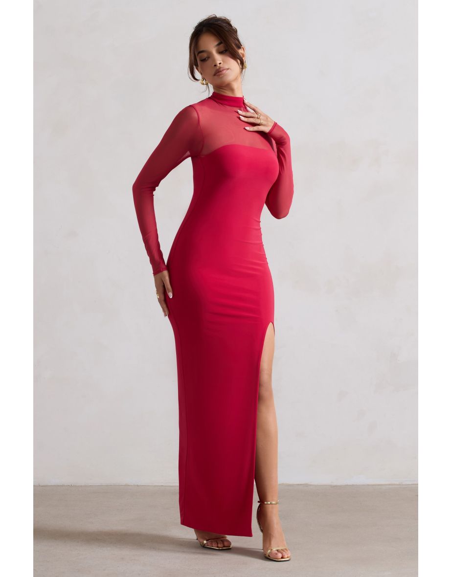 Enchantress | Red High-Neck Split Maxi Dress With Mesh Sleeves - 4