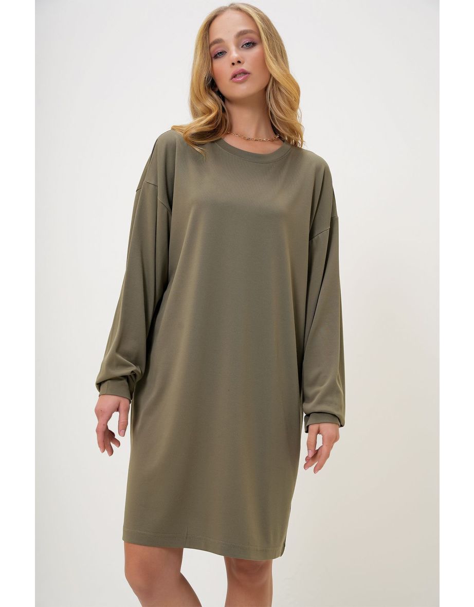 Women's Khaki Crew Neck Sweatshirt Dress