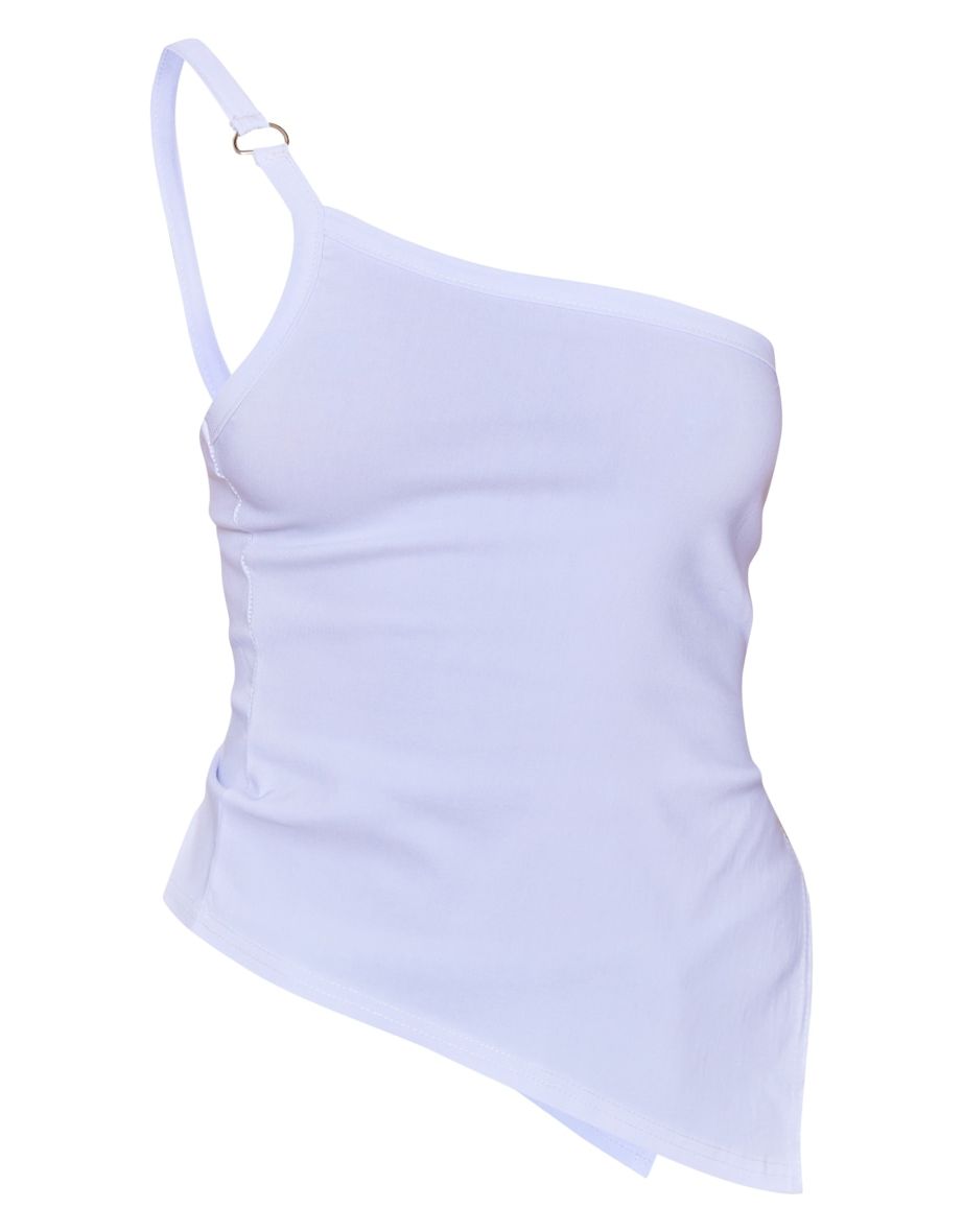White Stretch Woven One Shoulder Asymmetric Split Long Top - 4