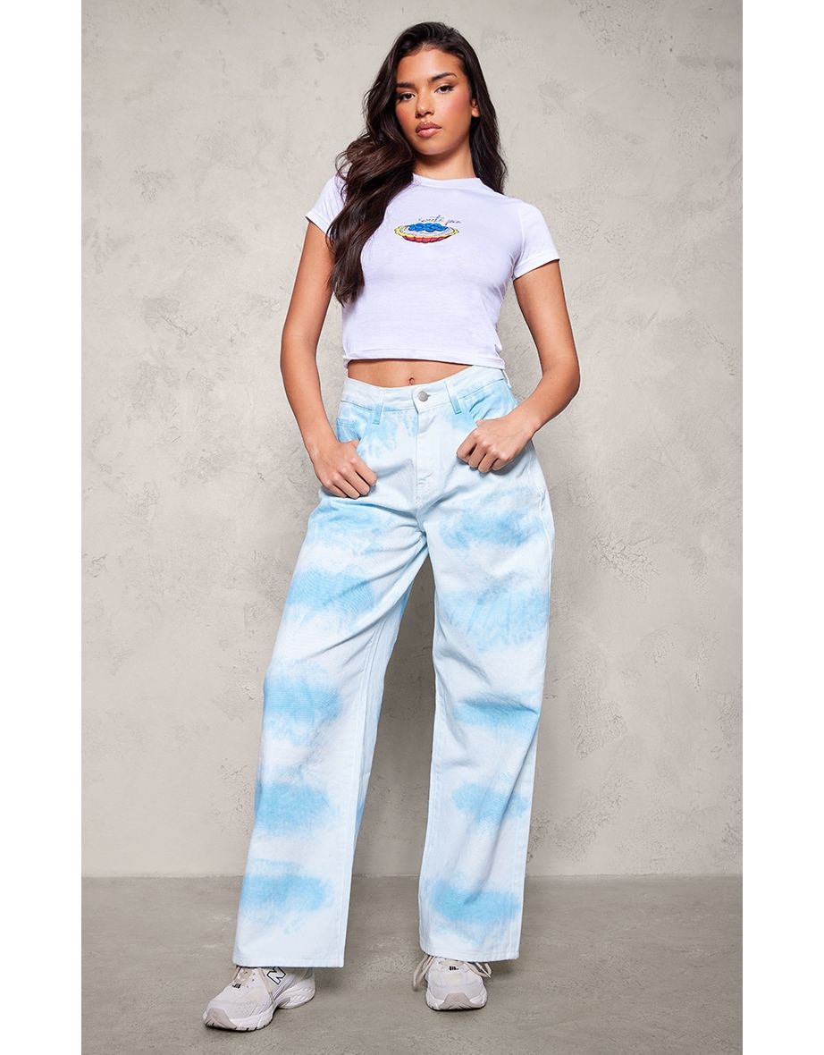 Blue Tie Dye Denim Wide Leg Jeans