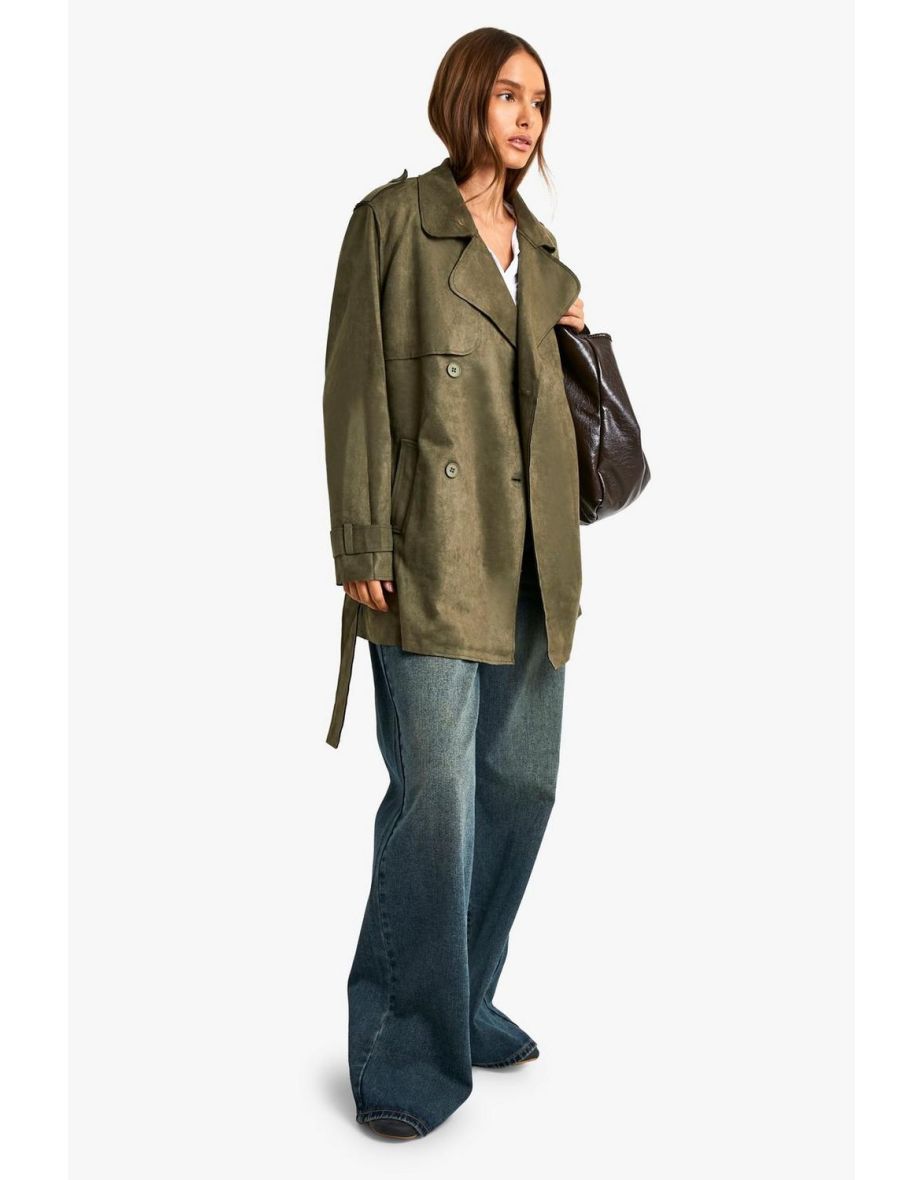 Suede Look Trench Coat - khaki