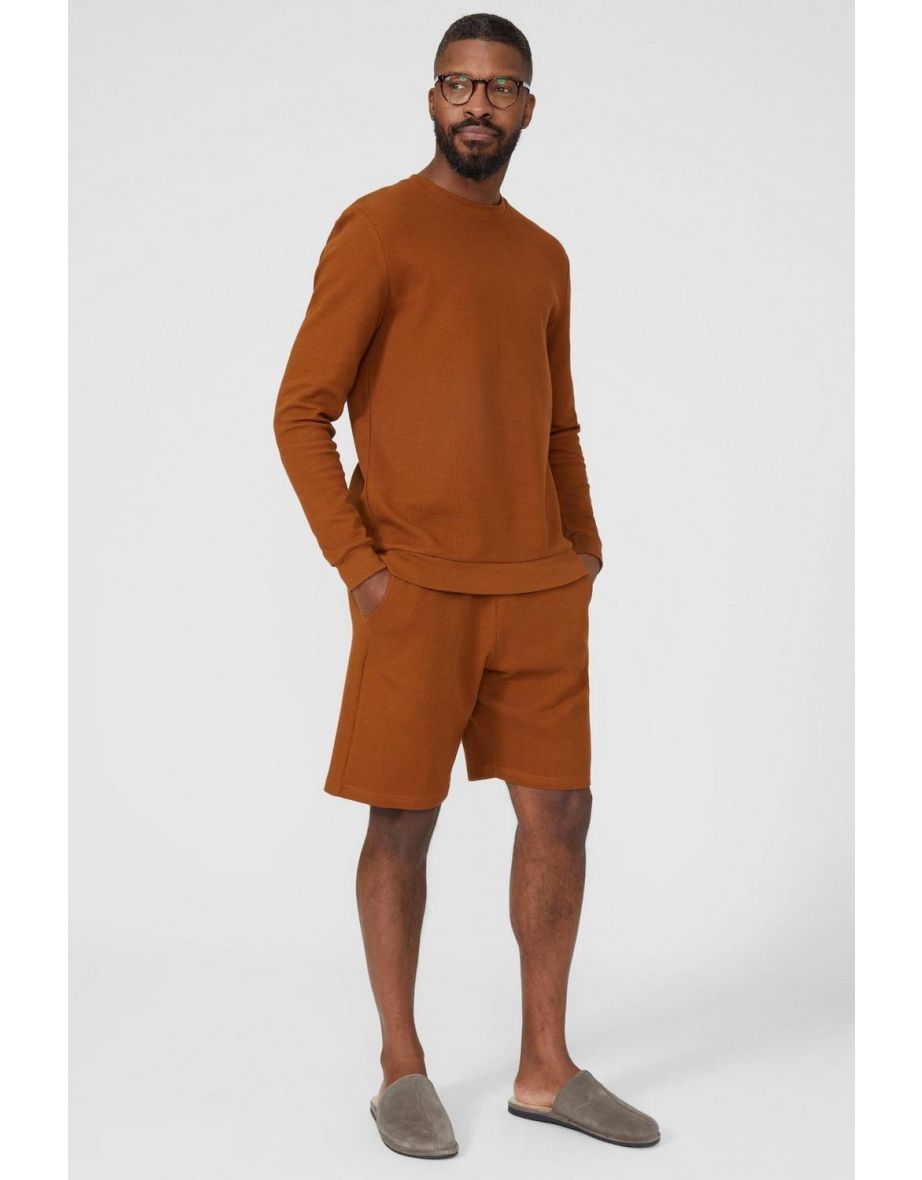 Cotton Waffle Crew Neck Loungewear Sweat - camel - 3