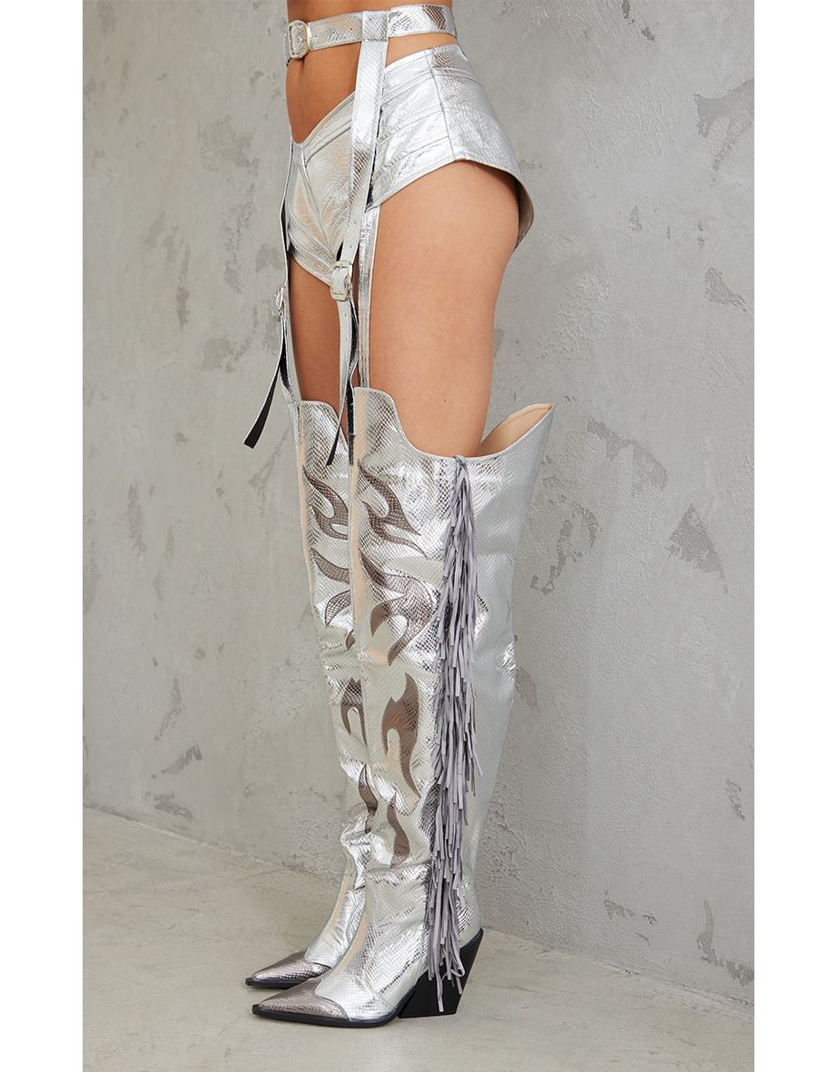 Silver Metallic Fringe Thigh High Buckle Belt Strap Western Boots - 3