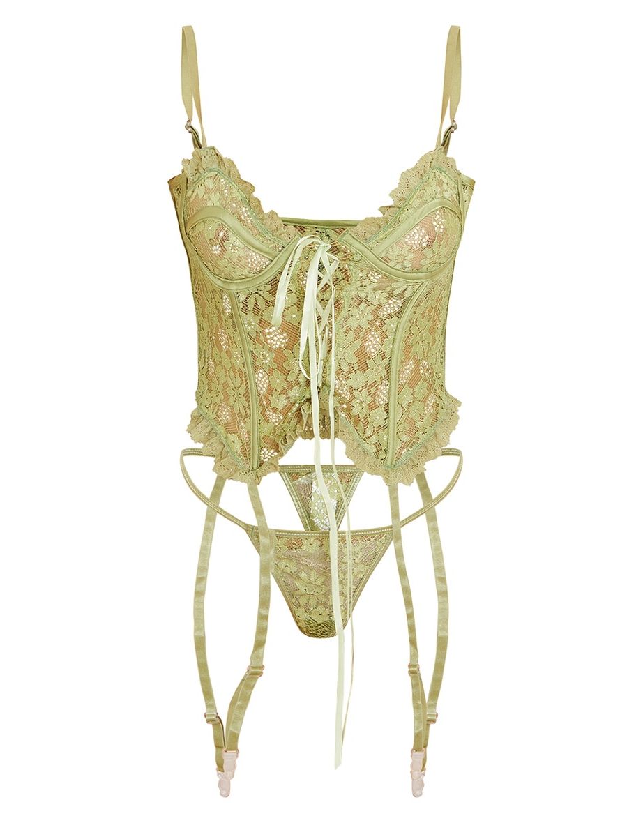 Sage Green Floral Lace Lace Up Corset With Suspender And Thong - 2