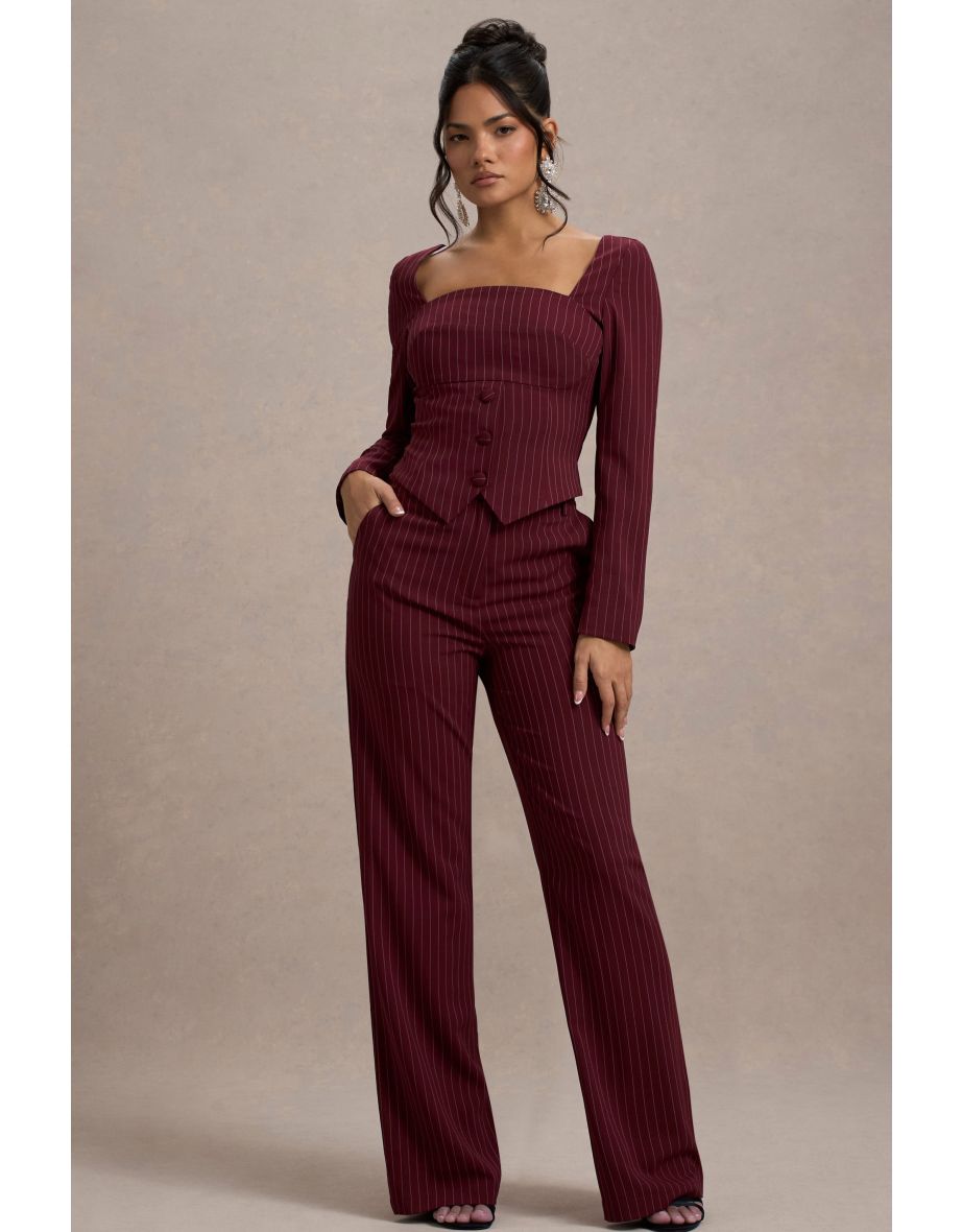 New York | Wine Pinstripe Tailored Wide-Leg Trousers - 5