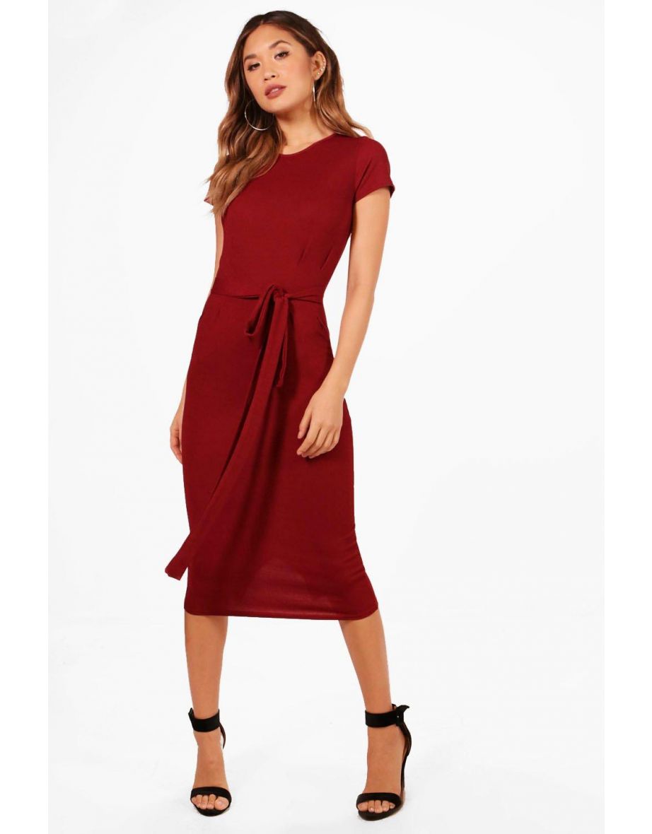 Pleat Front Belted Tailored Midi Dress - burgundy