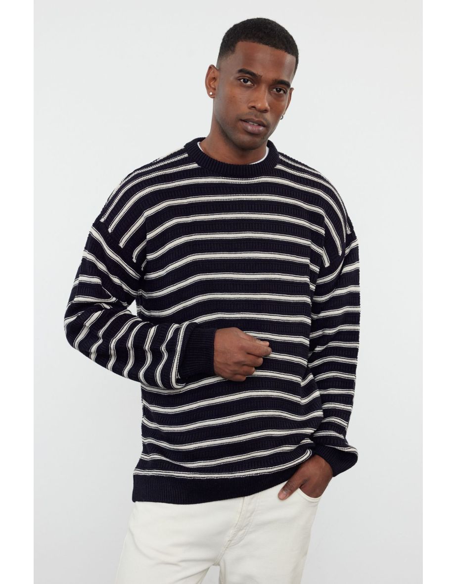 Navy Blue Oversize Crew Neck Striped Knitwear Sweater