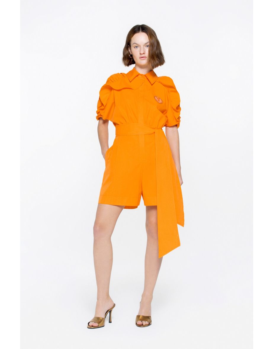 Short Orange Jumpsuit With Shirring Sleeves With Embroidery Applique Detail