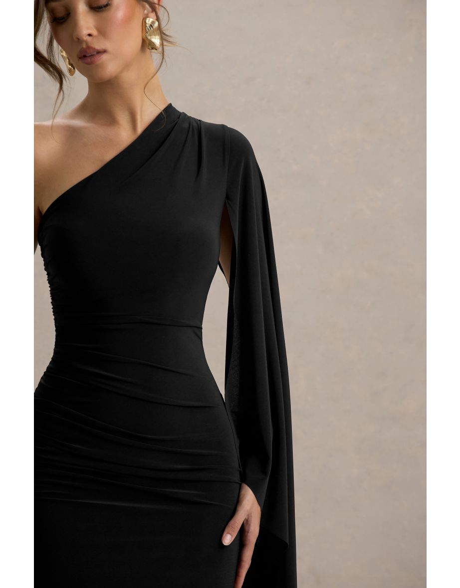 Clementina | Black Asymmetric Cape Sleeve Maxi Dress - 6