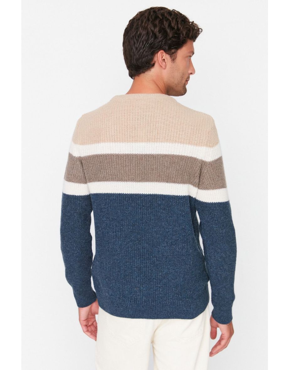Beige Slim Fit Crew Neck Paneled Knitwear Sweater - 7