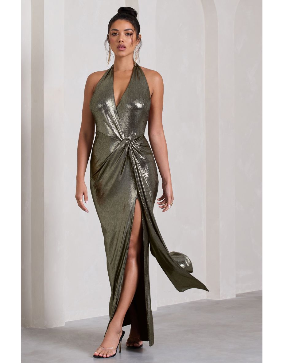 Tabloid Talk | Gold Metallic Plunge Halter-Neck Maxi Dress With Twisted Drape
