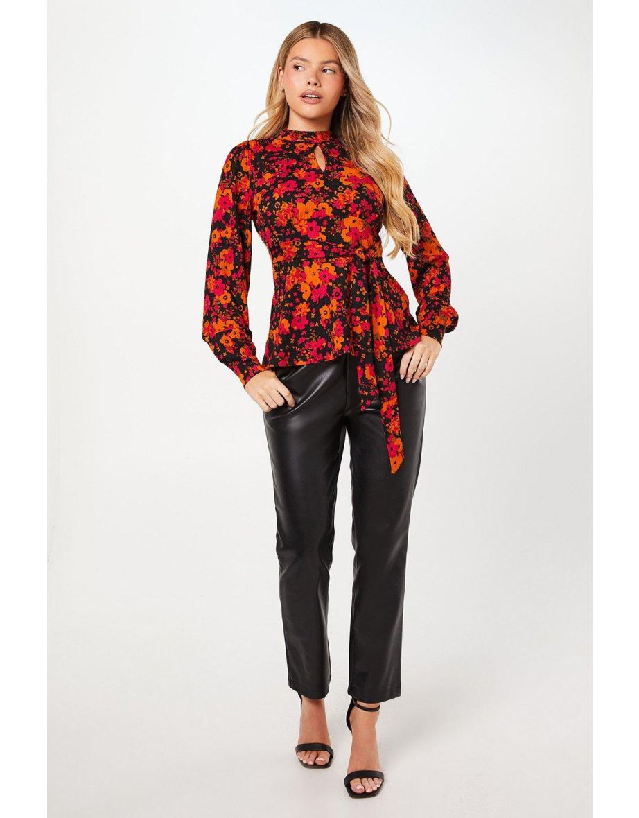 Pink Floral Keyhole Long Sleeve Top