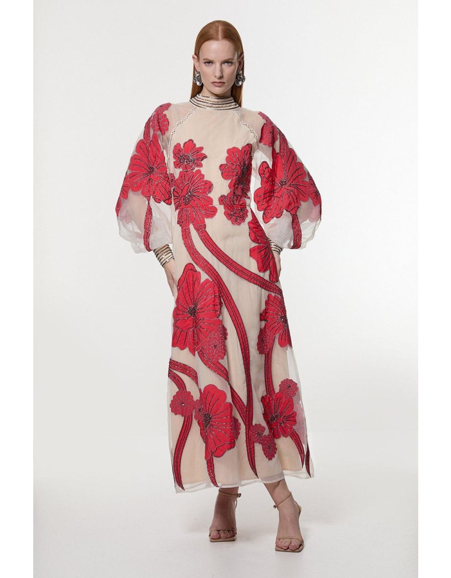 Applique Organdie Floral Graphic Woven Maxi Dress