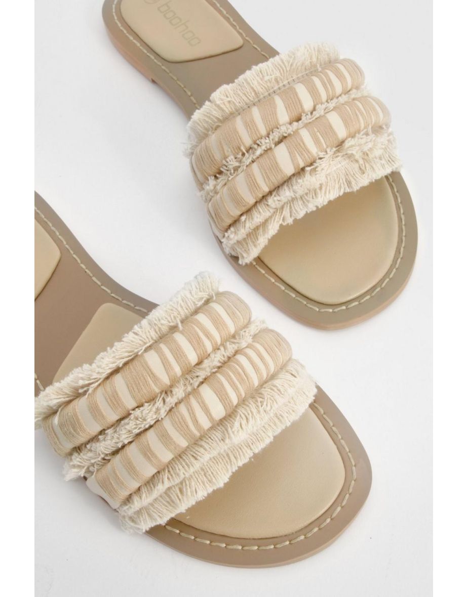 Embroidered Tassel Canvas Mule Sliders - cream - 3