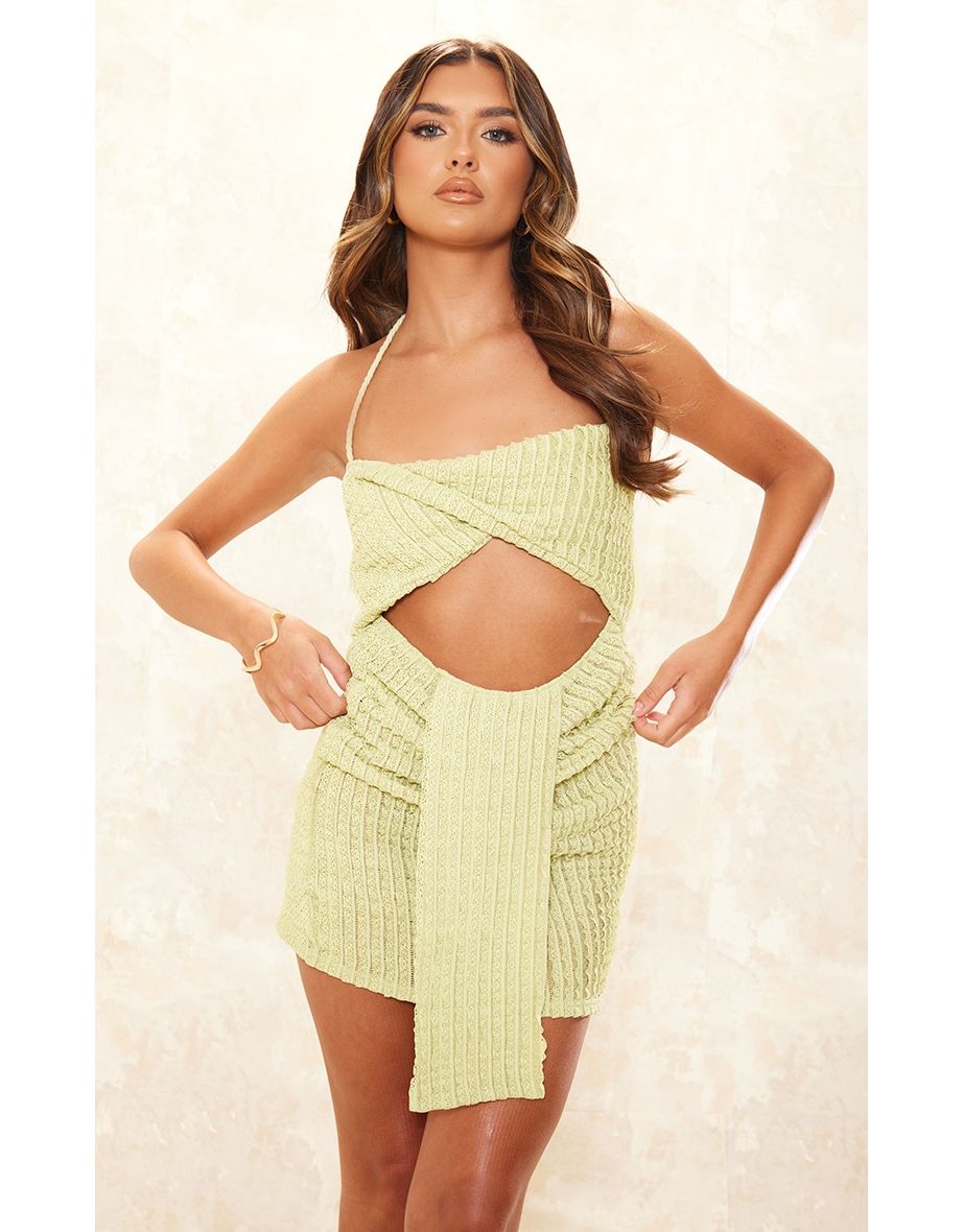 Sage Textured Twist Cut Out Drape Detail Bodycon Dress