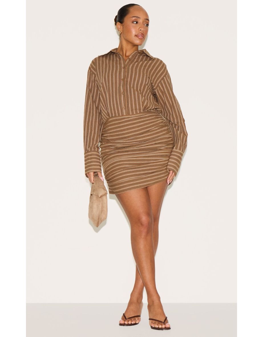 Shape Chocolate Striped Button Front Ruched Hem Shirt Dress