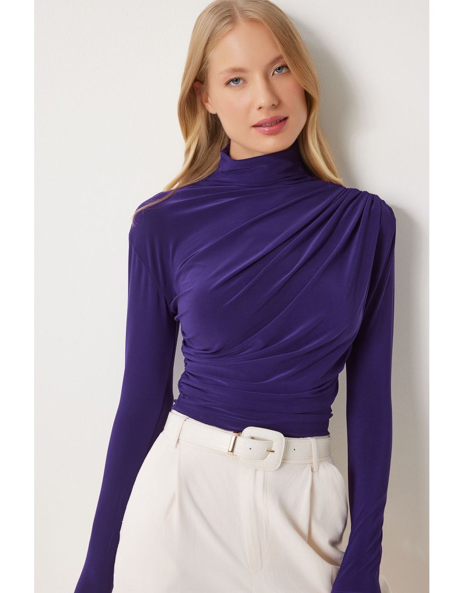 Women's Purple Shirred Detail Standing Collar Sandy Blouse