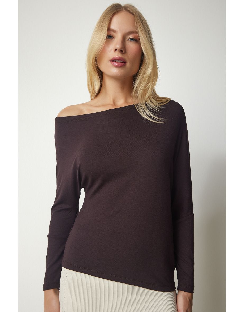 Women's Dark Brown Boat Collar Knitwear Blouse