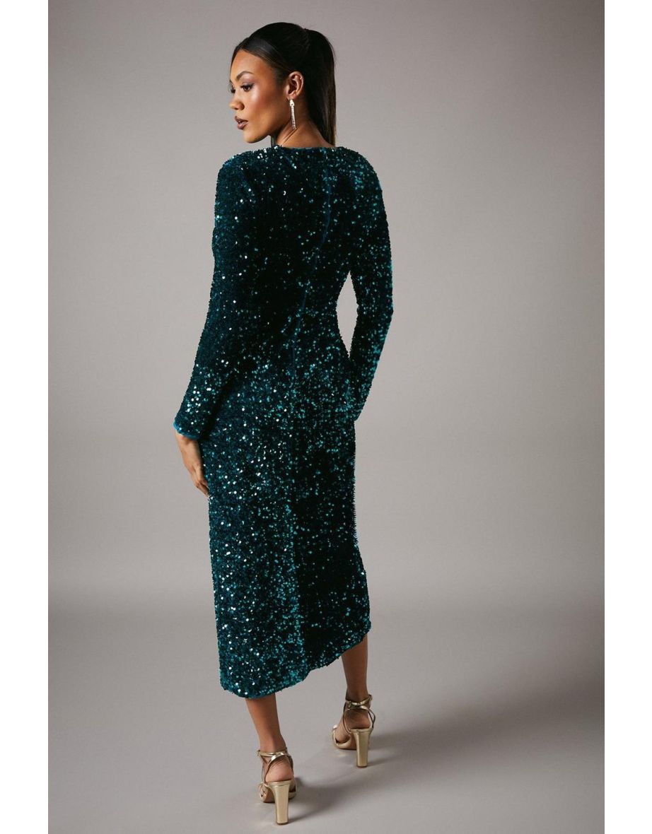 Sequin Velvet Wrap Dress With Flare Sleeve - 3