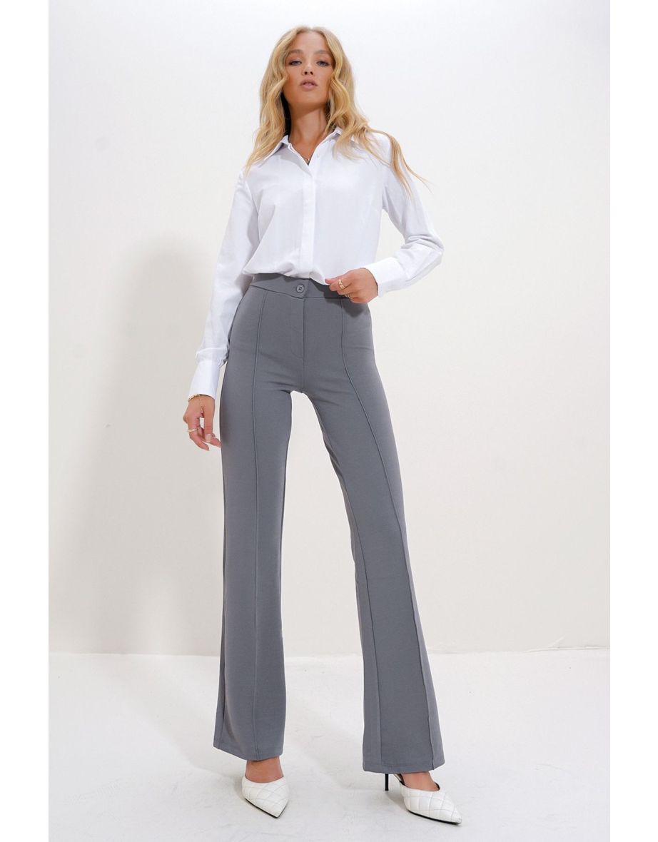 Women's Grey High Waist Front Grass flared Leg Lycra Trousers