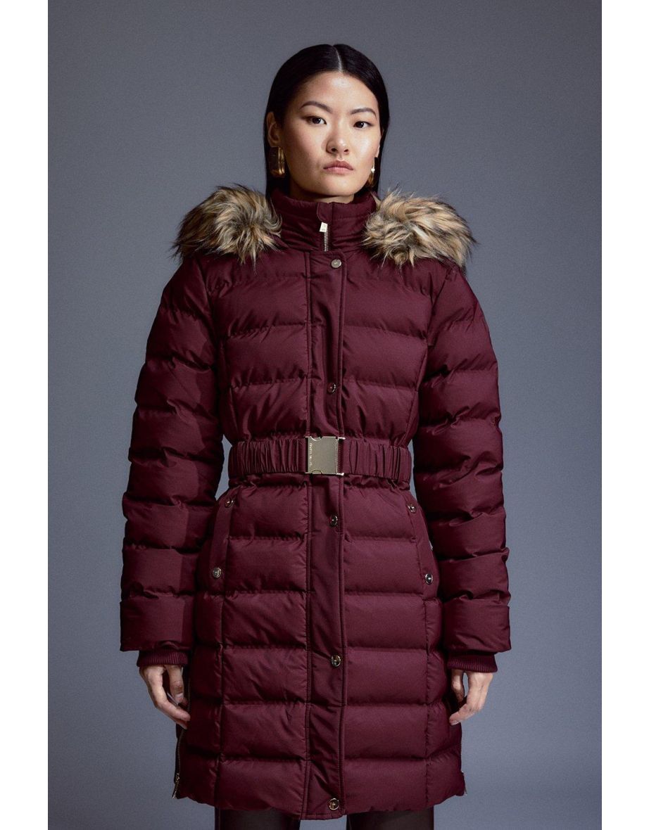 Heat Seal Puffer Belted Faux Fur Hood Jacket
