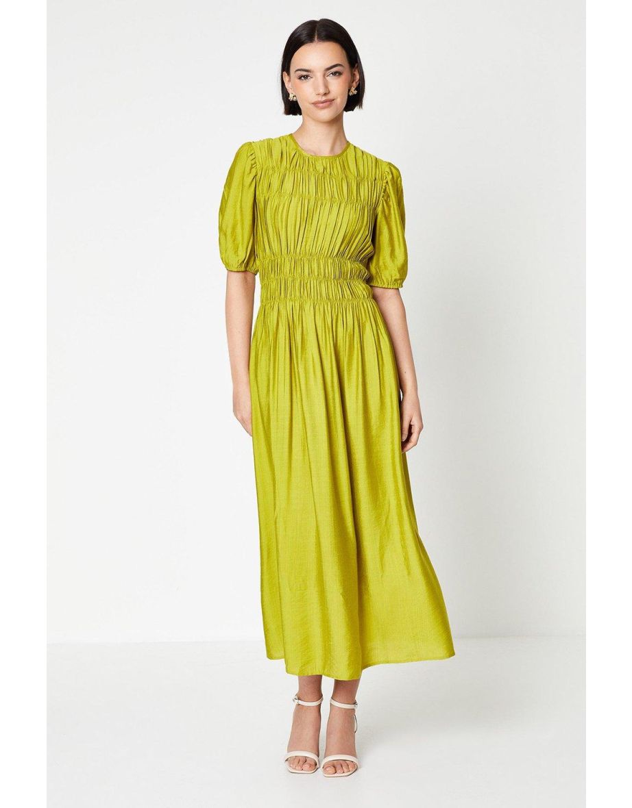 Shirred Bodice Puff Sleeve Midaxi Dress